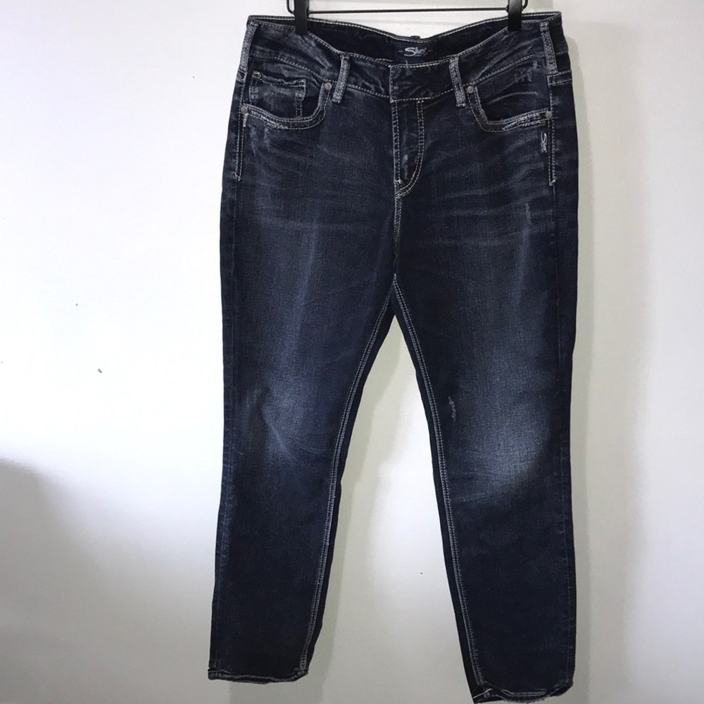 Silver Jeans Suki Skinny Jeans Size 16 Dark Wash Embroidered Back Pockets Flawed